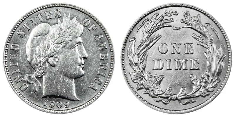 1909-D Barber dime obverse and reverse showing Denver mint mark below wreath