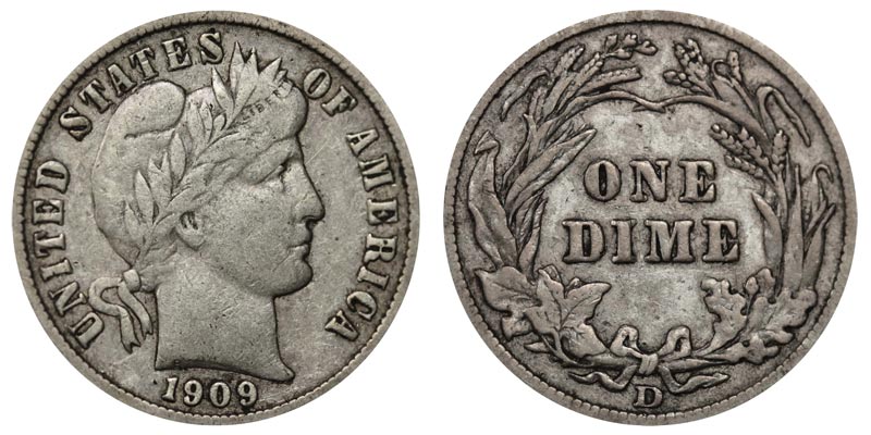 Side-by-side comparison of 1909 Philadelphia dime versus 1909-D Denver dime showing mintmark location
