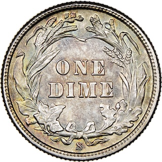 Close-up of 1909-S Barber dime reverse showing S mintmark with original mint luster