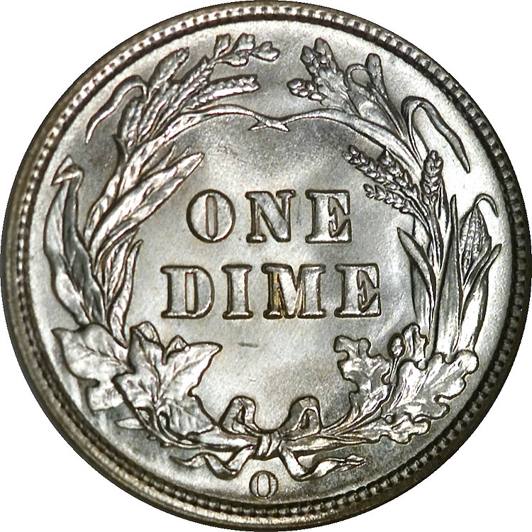 Close-up of 1909-O Barber dime reverse showing the O mintmark, last New Orleans dime ever struck