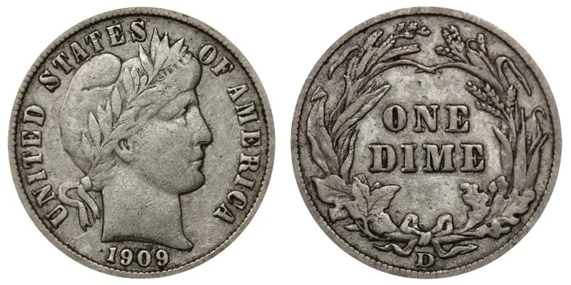 Historical 1909 Barber dime collection showing all four mint mark varieties from Philadelphia, Denver, New Orleans, and San Francisco