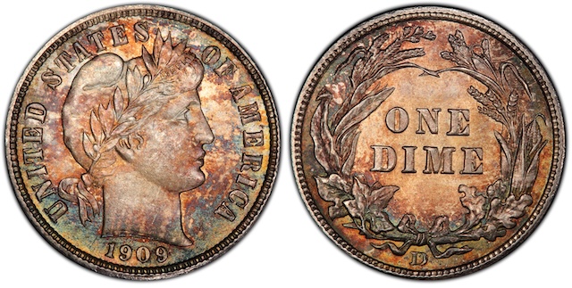 Grading strip showing 1909 Barber dime in four conditions from worn Good to gem Uncirculated